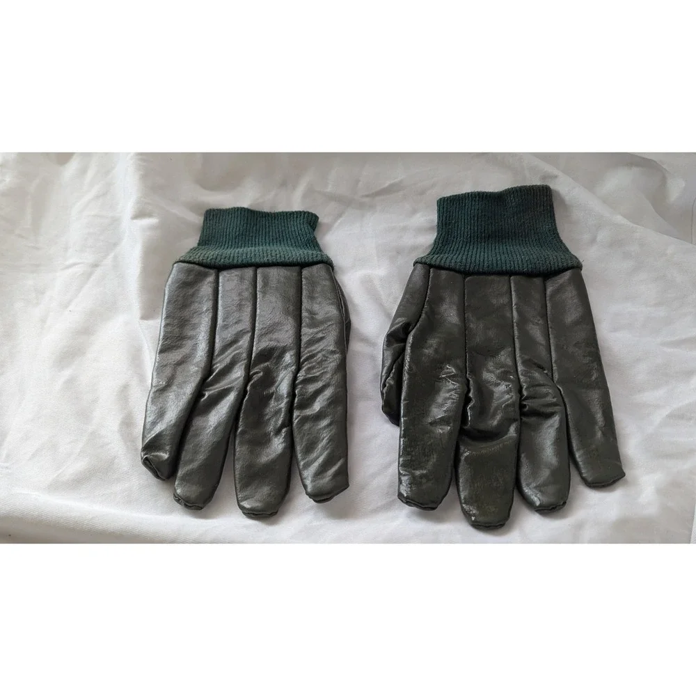 Vintage Dark Green Leather‎ Gloves Ribbed Knit Cuffs Fleece Lined Winter Forest
